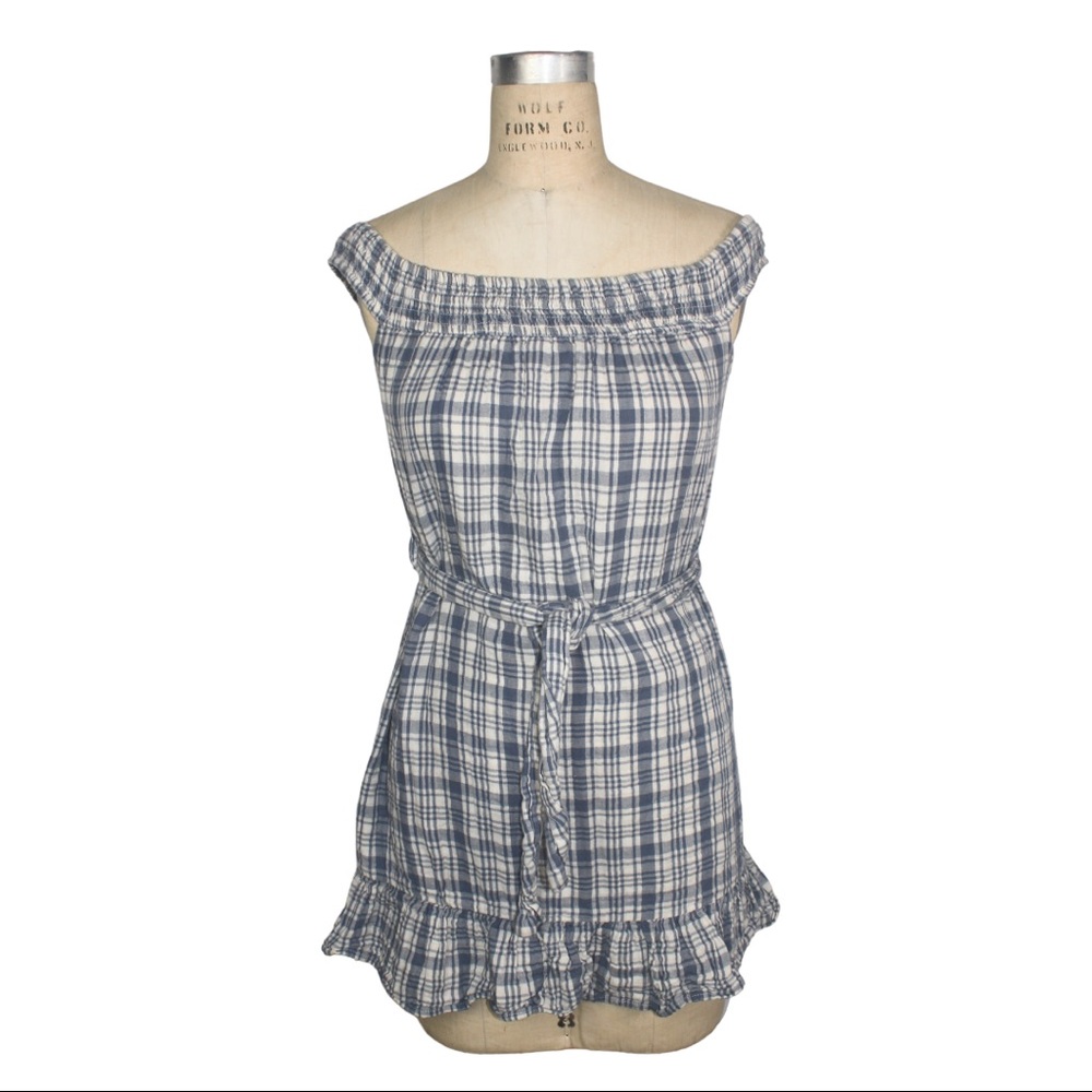 Urban Outfitters Off The Shoulders Blue And White Plaid Tied Dress With Ruffles
